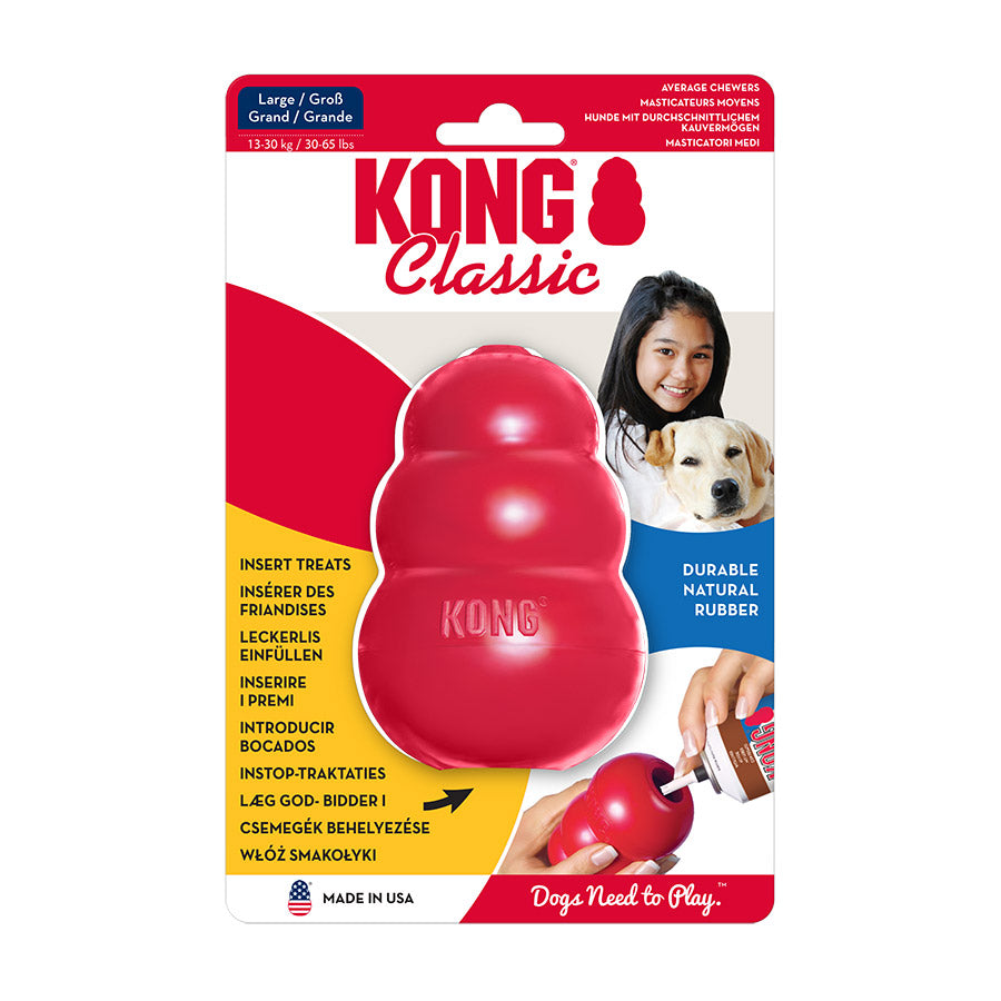 Kong Classic - Large Interactive Dog Toy. Chewable dog toy in red natural rubber with packaging. 