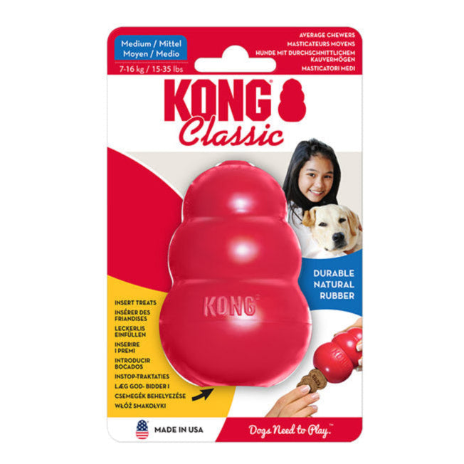 Kong Classic - Medium Interactive Dog Toy. Chewable dog toy in red natural rubber with packaging. 